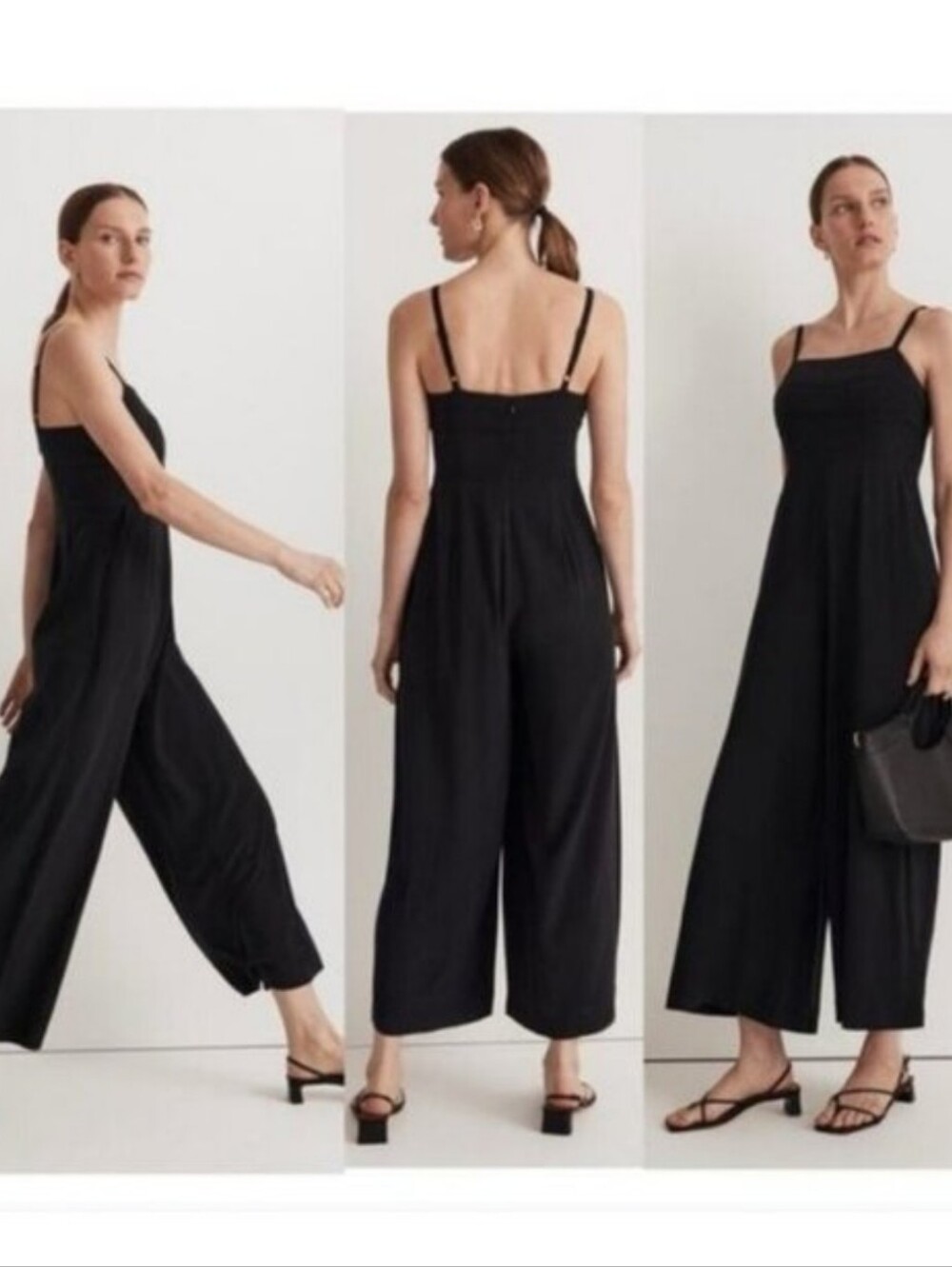 Madewell Square Neck Wide Leg Black 100% Linen Jumpsuit Size 12 Pockets Women's